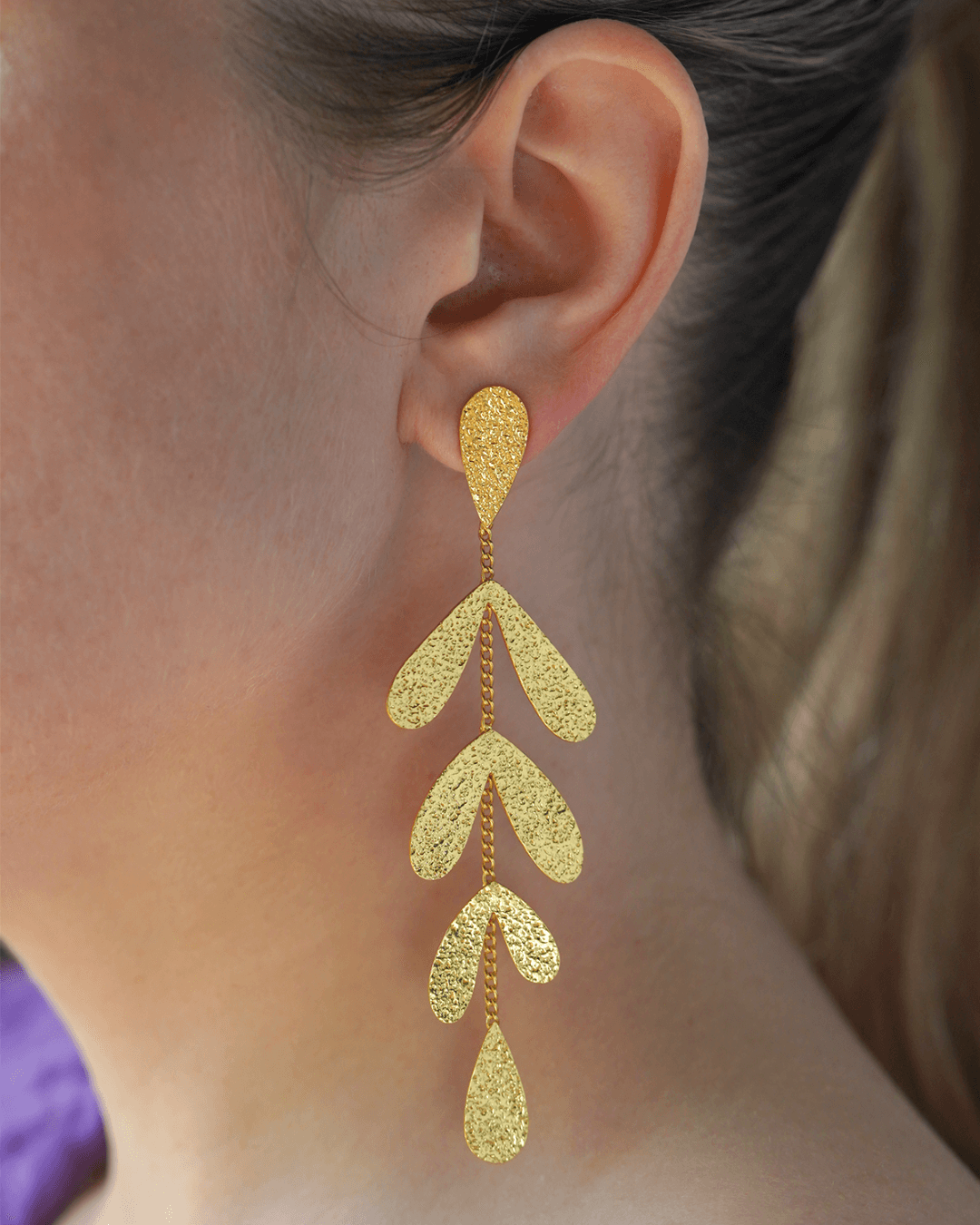 Long Gold Leaves Statement Earrings Bridesmaid Wedding Hammered Branch
